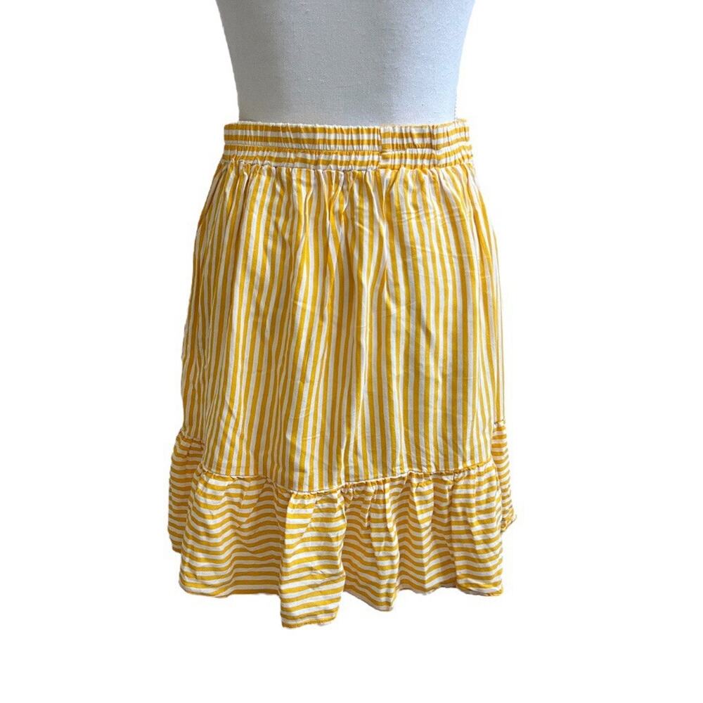 Rusttydustty Stripe A Line Mini Skirt Sz L Elastic Waist Yellow White Ruffles - Picture 2 of 4